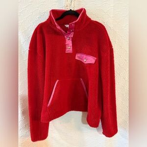 crown & ivy Red Sherpa Pullover with Pink Trim